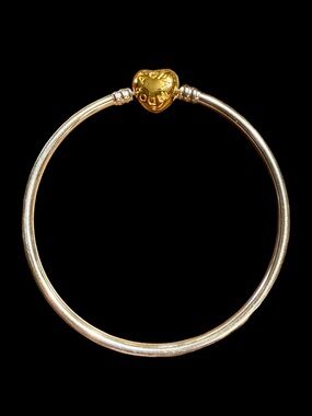 Authentic Pandora Gold Heart Clasp Silver Bangel Bracelet - Size 7.5/19cm - MINT